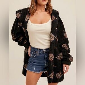 Cozy Black Patterned Hooded Jacket Southwest Aztec